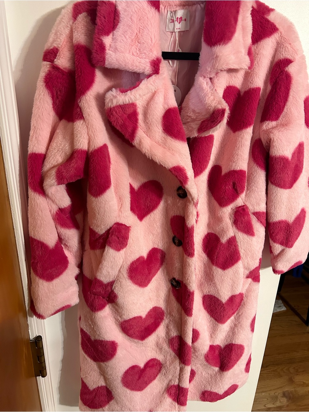 Buddy Love Pink Faux Fur Coat with Dark Pink Heart Print - Picture 6 of 10